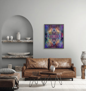 room with brown sofa and vibrant purple geometric art