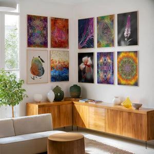 Living room with colorful abstract paintings on the wall and wooden furniture.